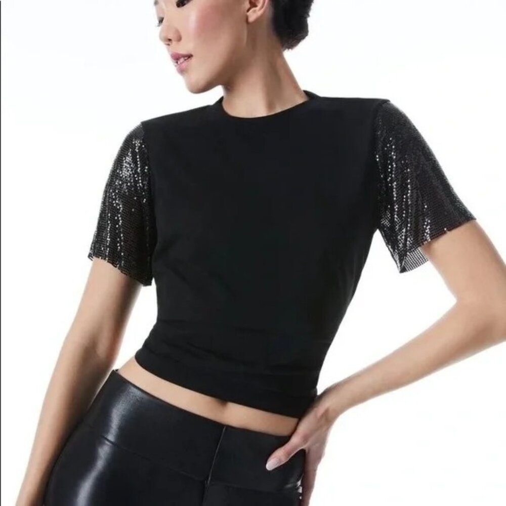 New Alice + Olivia Tari Chainmail Sleeve Tee, Black, Size XS/SMALL